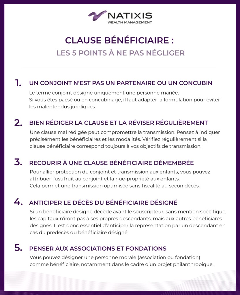 Infographie clause bénéficiaire : les 5 points à ne pas négliger